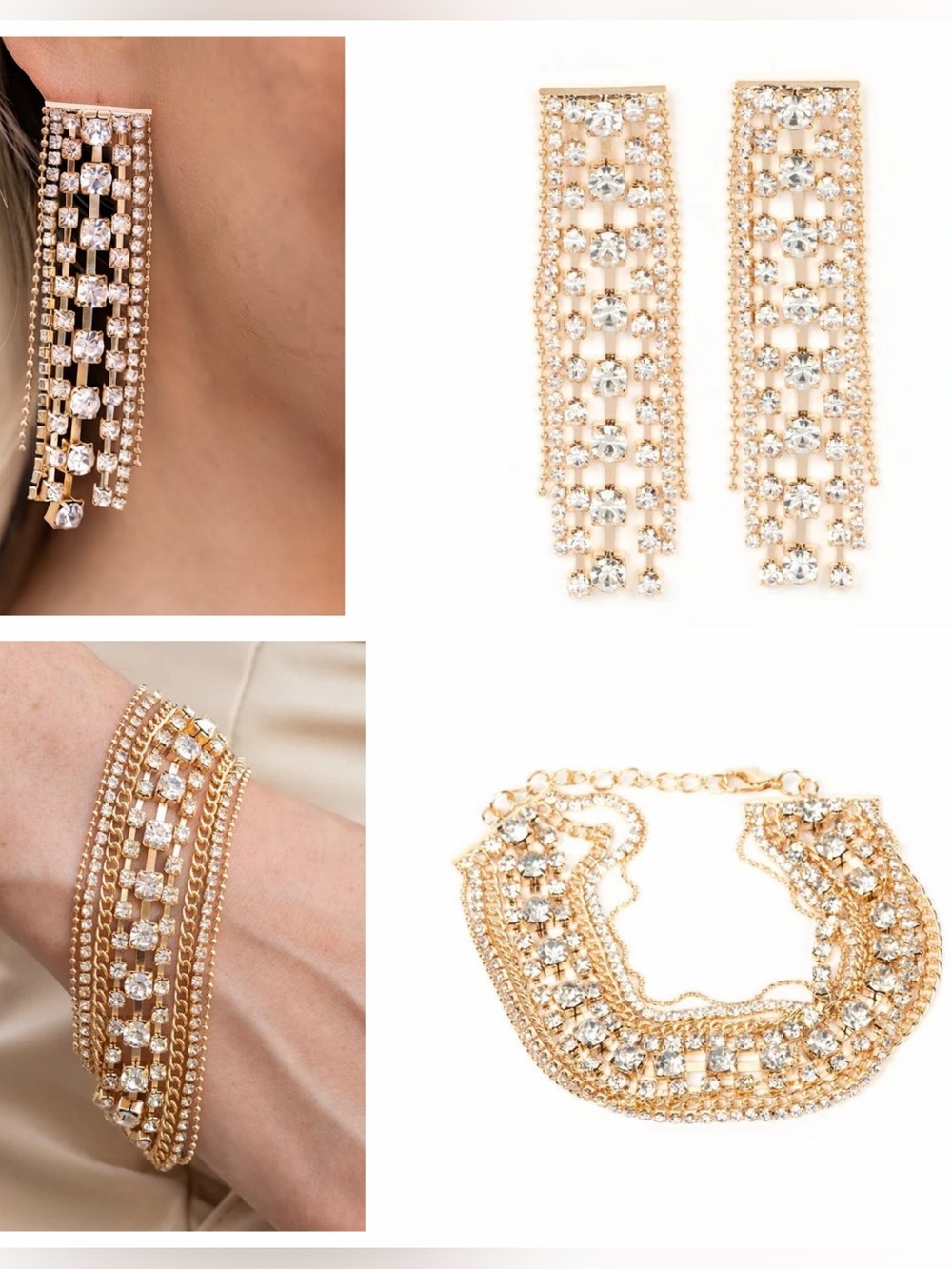 Gold Crystal Fringe Earrings and Bracelet Set